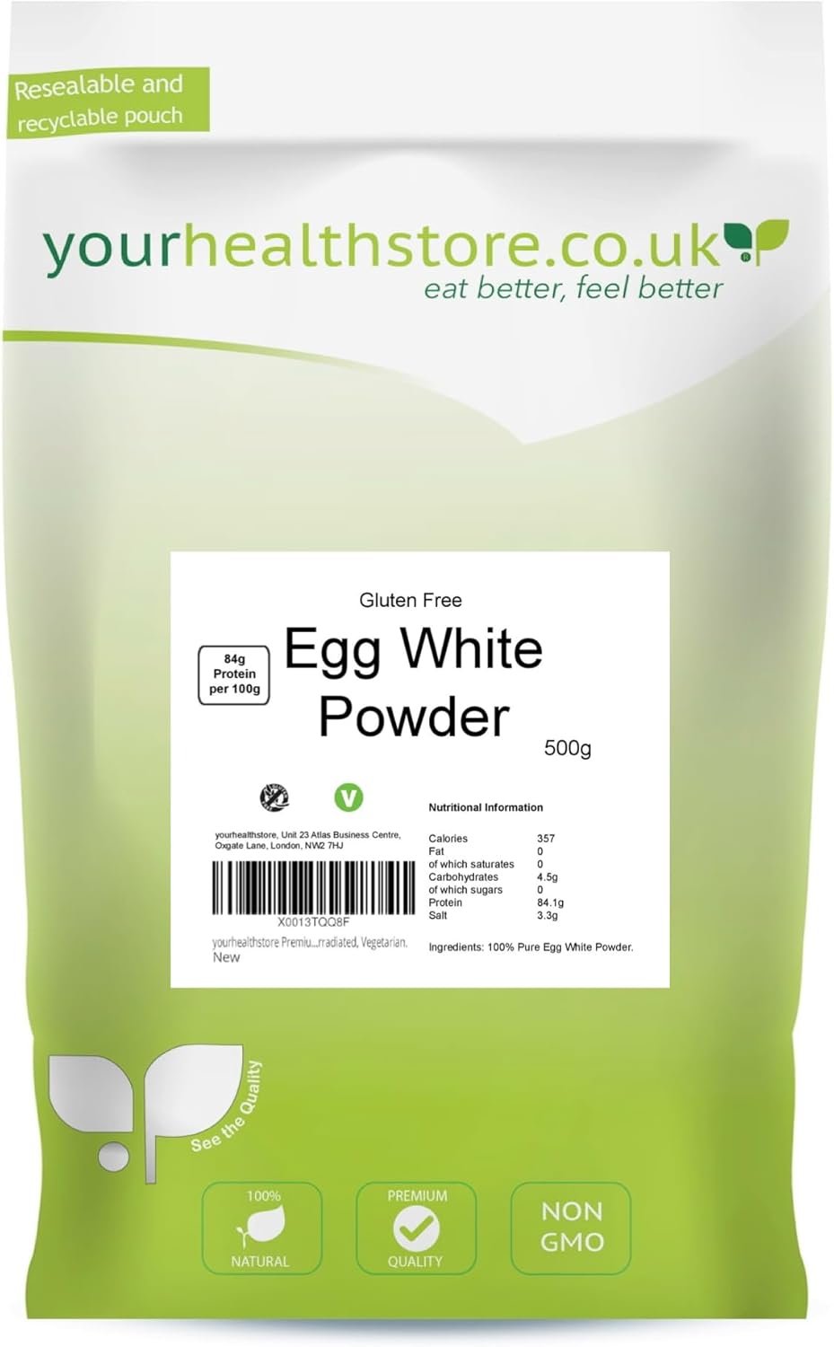 yourhealthstore Premium Egg White Powder 500g, Free Range, High in Protein, No Additives, Not Irradiated, Vegetarian, Non GMO Gluten Free 100% Pure.
