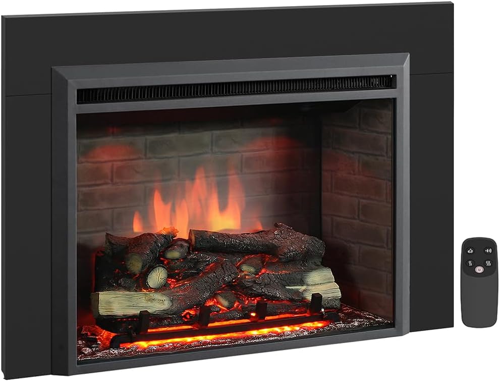 PuraFlame Western 30" Electric Fireplace Insert with Trim Kit, Fire Crackling Sound, Resin Log, Remote Control, 750/1500W Heater, Black