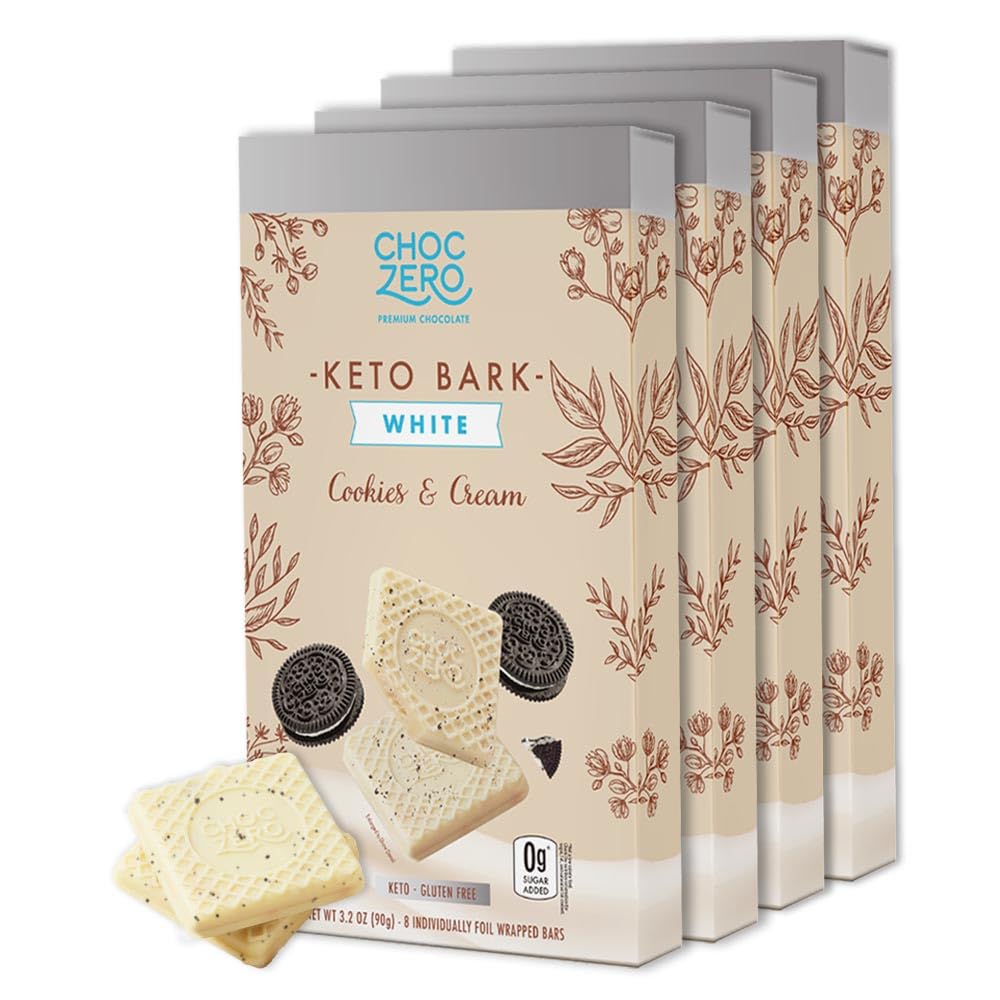 ChocZero Cookies & Cream Keto Bark, White Chocolate Candy Bar, Gluten Free, Low Carb, No Added Sugar, 3.2 Ounce (Pack of 4)