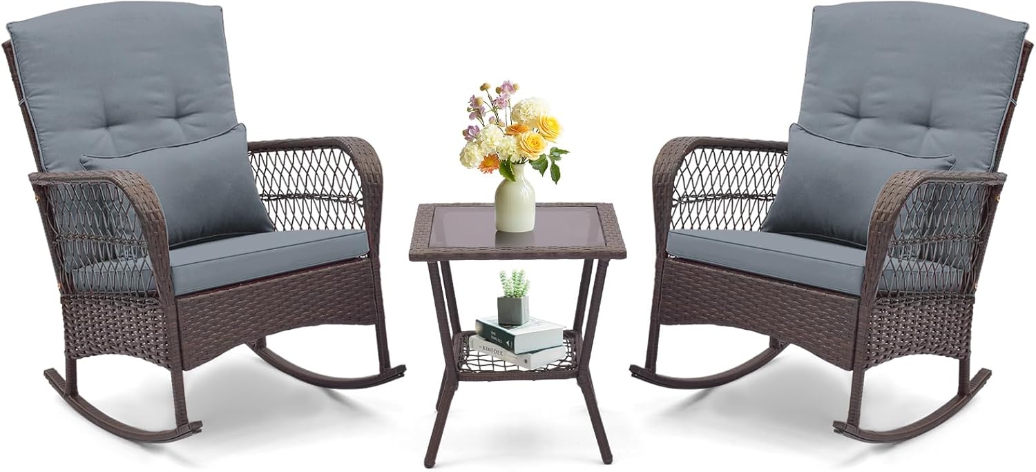 ORALNER 3 Pieces Patio Furniture Wicker Rocker Set, Outdoor Rocking Chairs with Cushions, Pillows, Glass Coffee Table, Rattan Bistro Set for Balcony Front Porch Poolside Garden Deck (Grey)