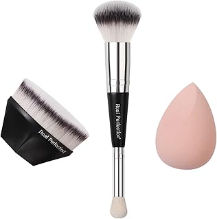 Real Perfection 3 pcs Makeup Brush Set, Foundation Brush Flat Top Kabuki Brush Dual-end Brush Latex Free Makeup Blender Sponge for Foundation Powder Blush Concealer Blending Liquid Cream