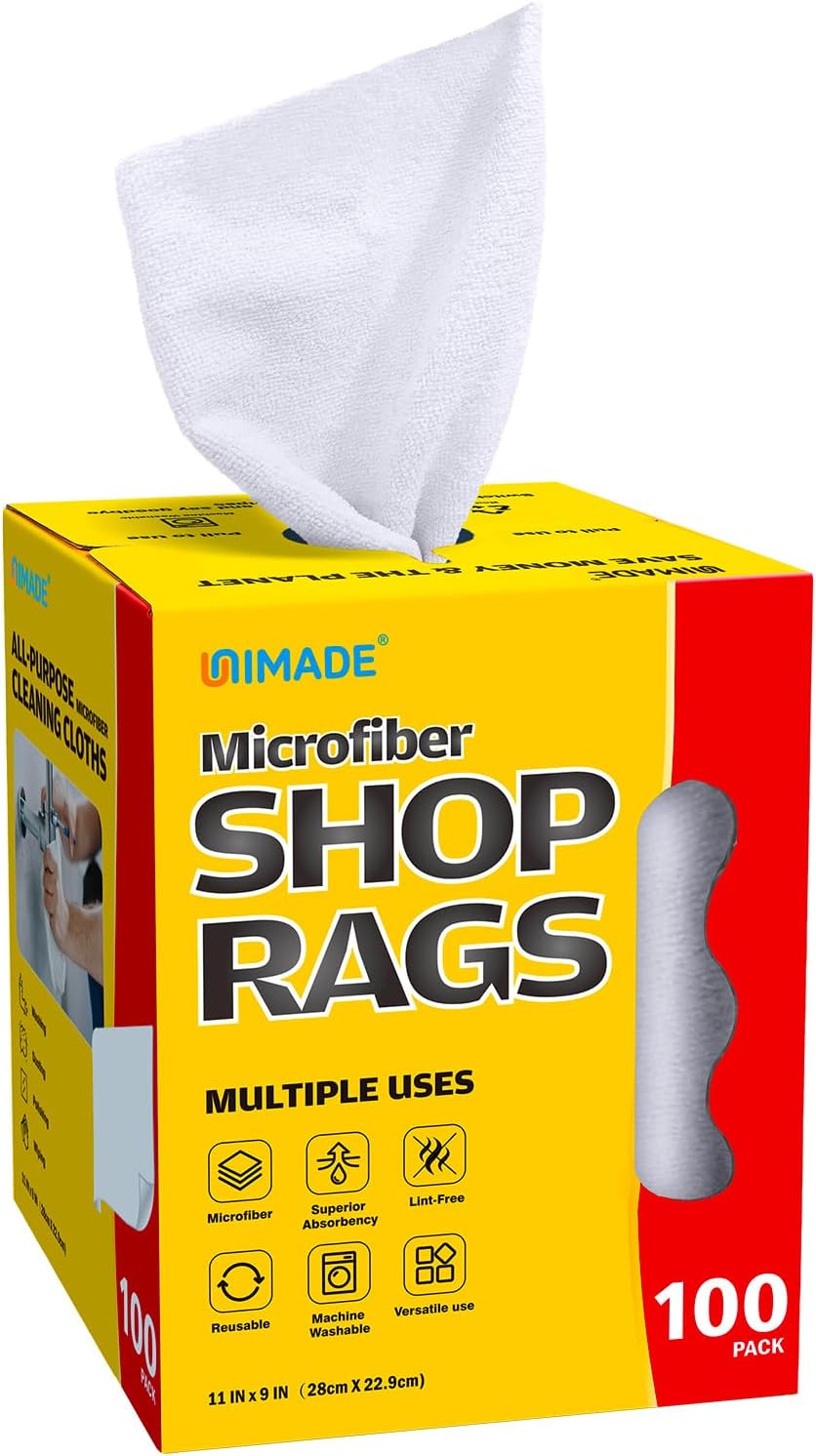 Shop Rags, 100 Sheets Microfiber Cleaning Cloth Commercial Grade Washcloths Lint-Free Bulk Shops Towels for Cars Mechanic Restaurant Garage Housekeeping, 11"x 9", White