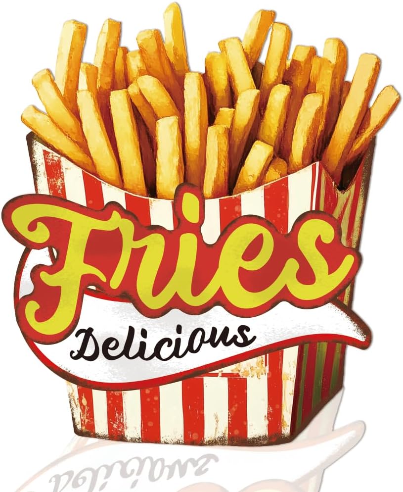WEBEEDY Delicious Fries Sign Vintage Tin Sign Wall Decor Kitchen Sign Vintage Metal Tin Signs Food Truck Signs Dining Signs for Cafe, Wall Hanging, Snack Bar, Unique Gift, 23.2x25.7cm