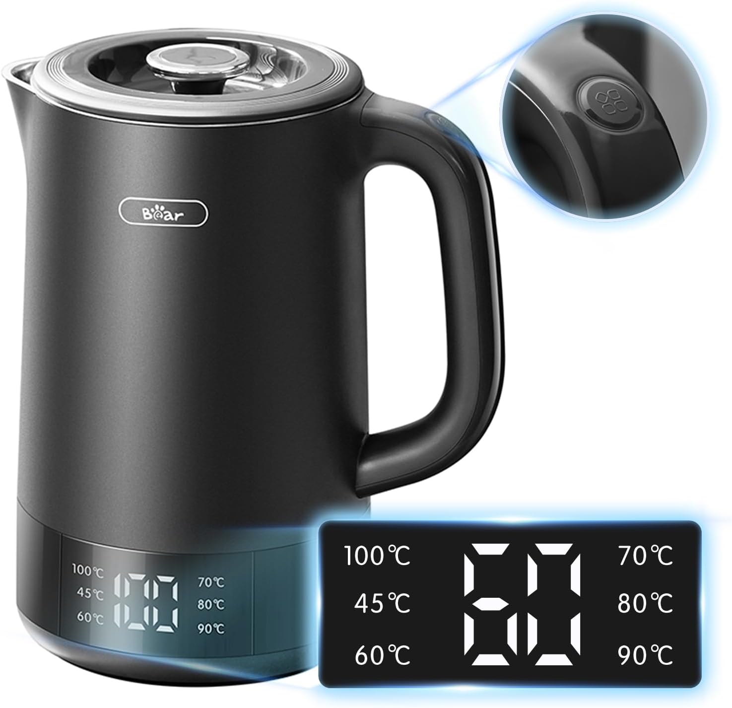 Bear 1.7L Electric Kettle with 6 Temperature Settings, 1800-2200W, Auto shut-off, Microprocessor Touch Panel, BPA Free, Dry Boil Protection, Fast Boiling Black Electric Kettle