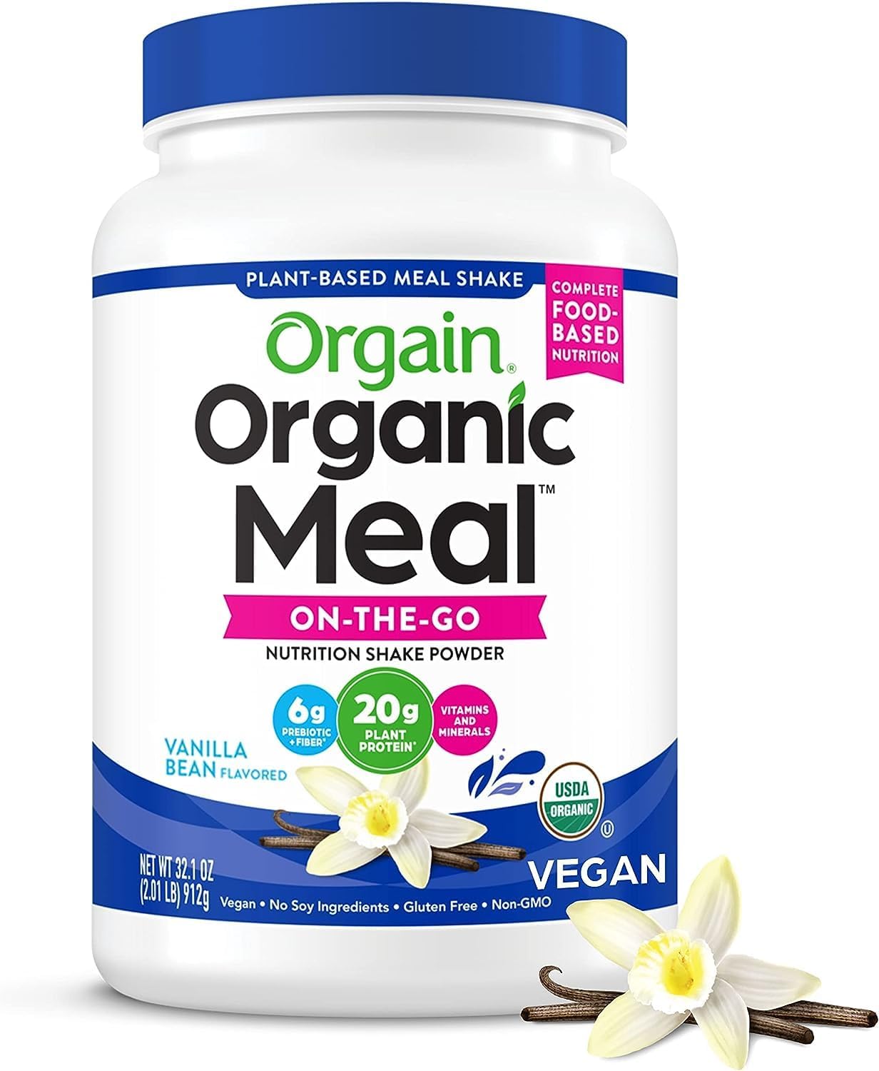 Orgain Organic Meal, Vegan Meal Replacement Protein Powder, Vanilla Bean - 20g Plant Based Protein, 6g Prebiotic Fiber, Fruits, Vegetables & Greens, Gluten Free, Shakes & Smoothies, 2.01lb