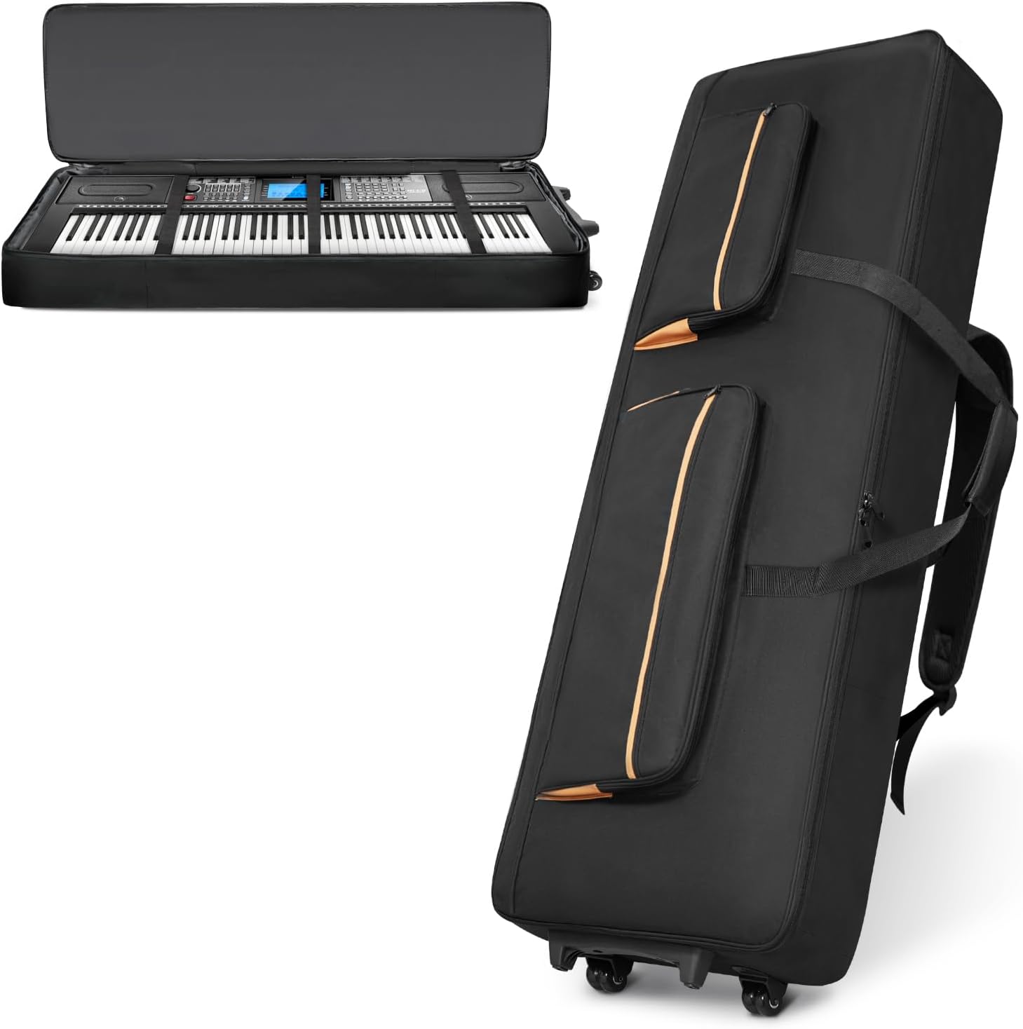 ORKELS 88-Key Keyboard Case with Wheels & Adjustable Shoulder Straps– Padded Rolling Gig Bag with 4 Accessory Pockets, for Digital Piano, Synthesizer & Keyboard