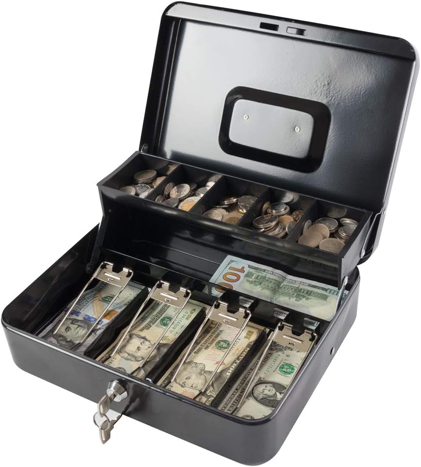 KYODOLED Locking Cash Box with Lock,Money Box with Cash Tray,Lock Safe Box with Key,Money Saving Organizer,11.81Lx 9.45Wx 3.54H Inches,Black XL Large
