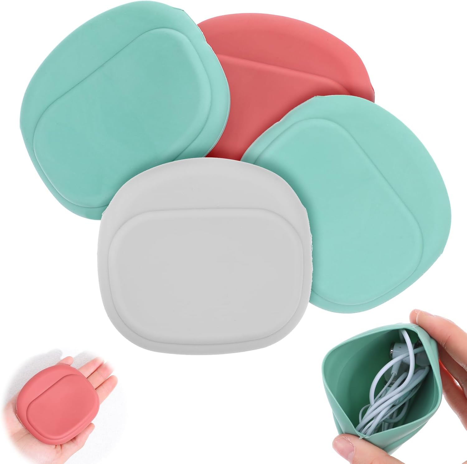 2Pcs Silicone Headphone Organizer, 4 in 1 Data Cable Storage Case Mini Key Box, Soft Silicone Storage Bag Box Portable Small Wired Earphone Storages Earbud Pouch Bag Coin Purse Holder Accessories