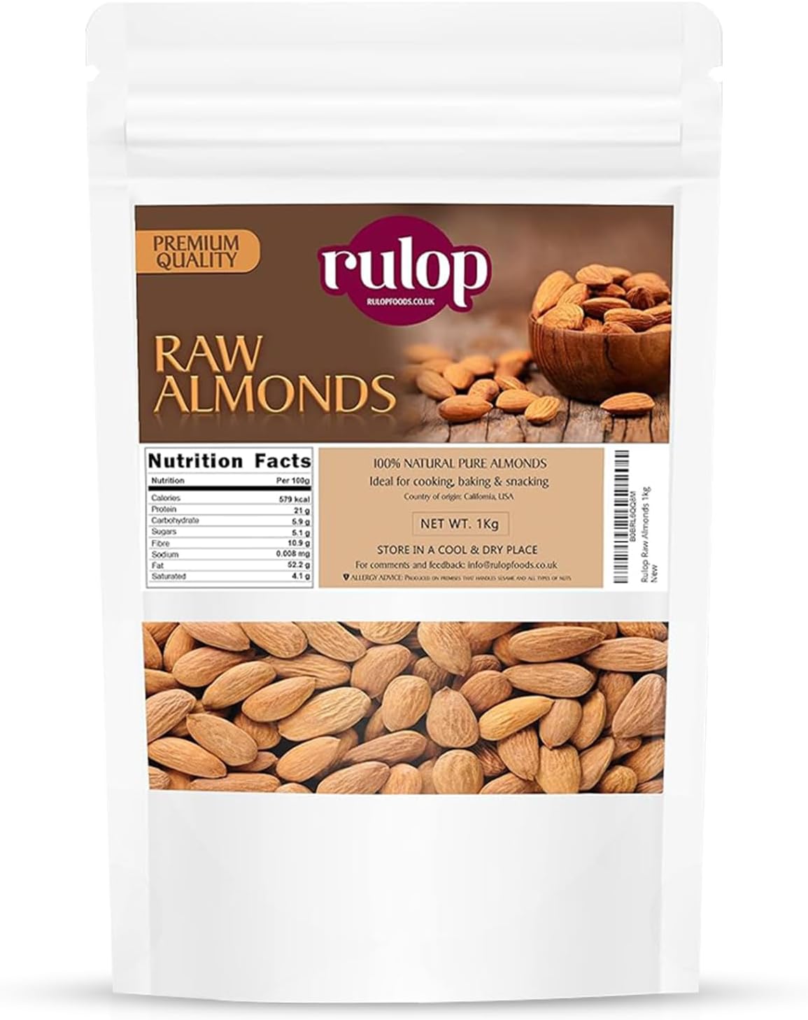 Rulop California Raw Almonds 1kg, Premium Vegan Almonds Packed in a Resealable Pouch to Maintain Freshness