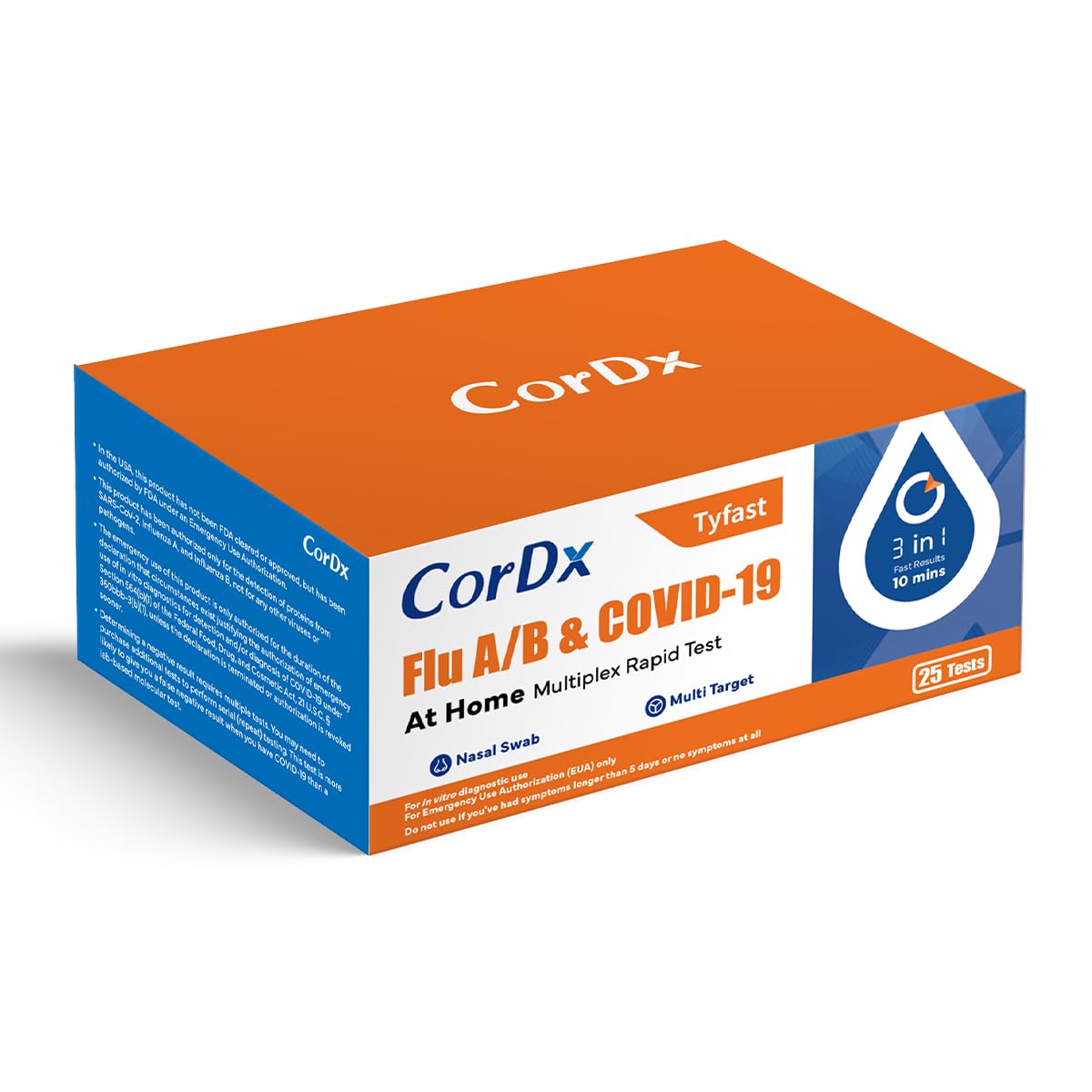 CorDx Tyfast At Home Flu A/B and COVID 19 Multiplex Rapid Test, Easy Nasal Swab, Fast Results in 10 Minutes, 25 Tests