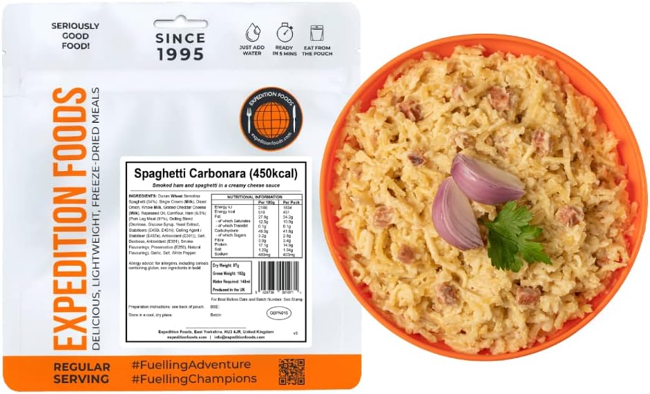 EXPEDITION FOODS Spaghetti Carbonara (Single Serving / 450KCAL) | Freeze-Dried Camping & Hiking Food