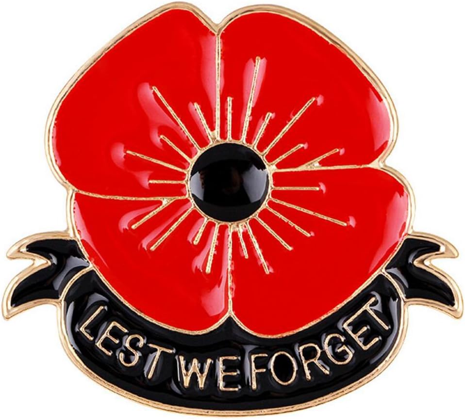 FENGJI Red and Gold Poppy Badges Flower Lapel Black Ribbon Brooch Pin Lest WE Forget