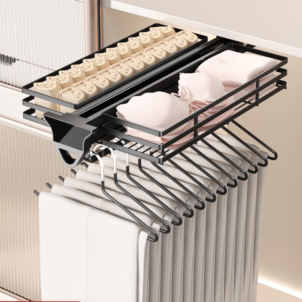 Pull Out Closet Rod with Basket, Closet Clothes Hanger Rail,Wardrobe Clothing Rail Pull Out basket,Closet Organizer Rack for Pants and Coat,Load 77LBS (22 IN/56CM with Basket)