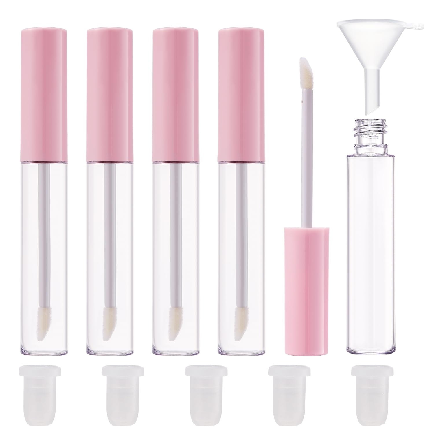 5PCS Empty Lip Gloss Tubes, 10ml Empty Lip Glaze Bottle with Rubber Stoppers, Transparent Refillable Lip Gloss Containers DIY Makeup Lipgloss Making Kit(Pink)