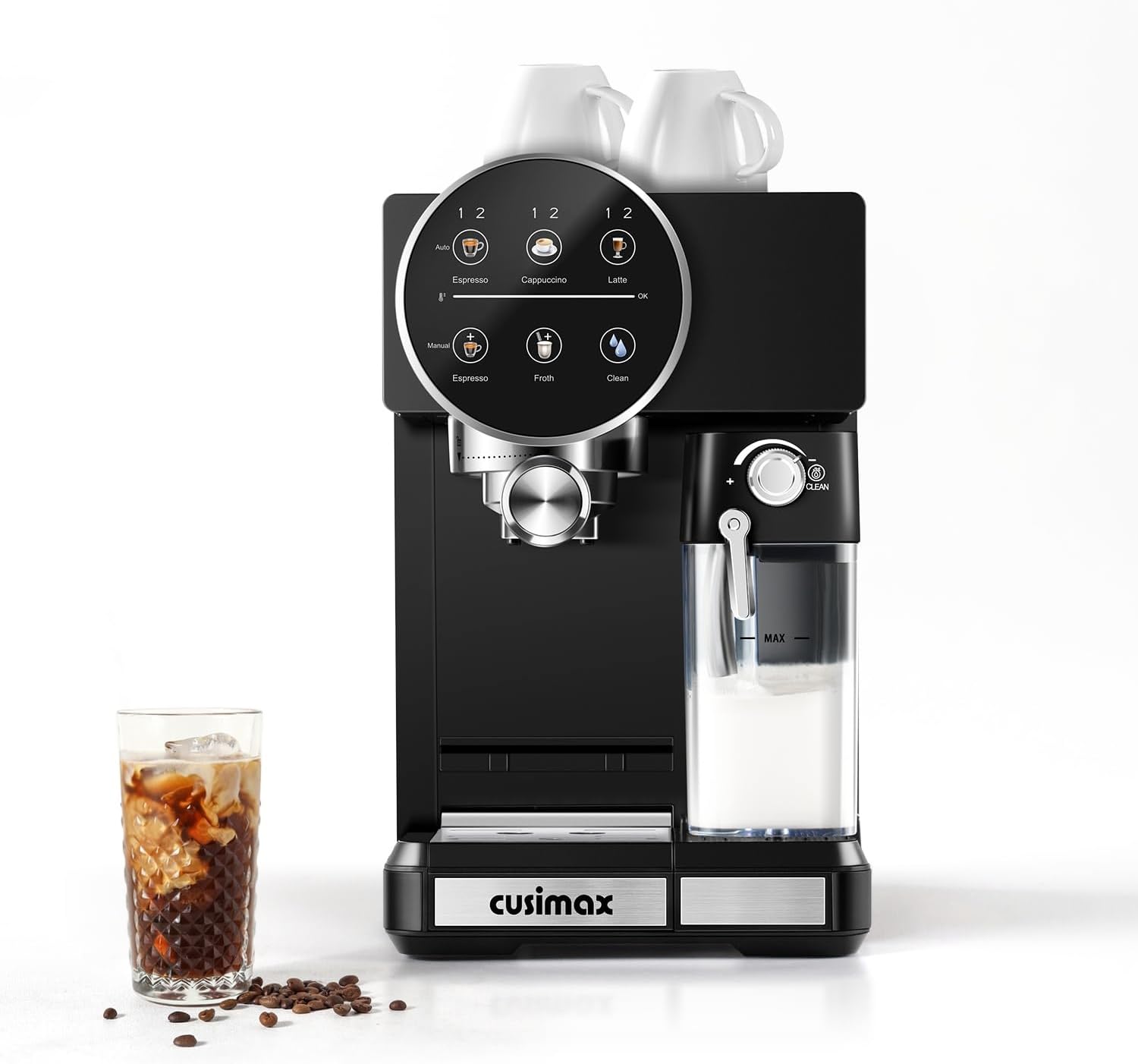 CUSIMAX Expresso Coffee Maker with Milk Frother, Cappuccino Machine Makes Espresso, Cappuccino, and Lattes with One-Touch Ease, and the Manual Mode Makes Creative Coffees with Cleaning Function