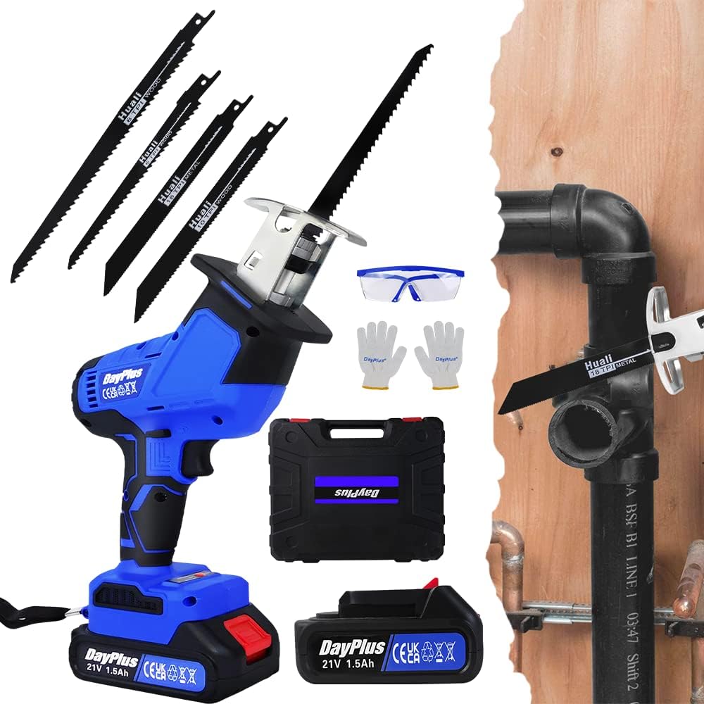 680W Garden Cordless Reciprocating Saw, Brushless Reciprocating Saw 21V Cordless Wood Saw, 1500mAh Battery Sabre Saw, 4 Saw Blades for Tree Branches PVC Metal, 1900RPM Variable Speed Electric Saws