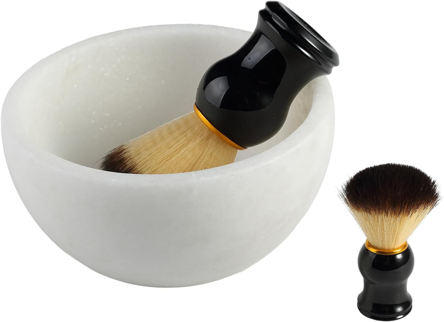 Marble Shaving Bowl Set 5" Handmade - Shaving Cream & Soap Bowl with 2 Pack Brush, Keep Lather Warm for Men's Wet Shave, Barber Supplies &Shaving Cup Gift for Men, White