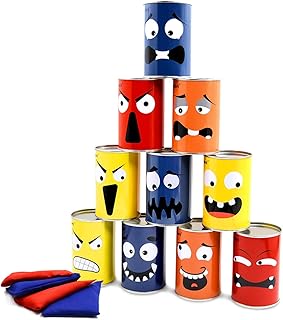 Halloween Bean Bag Toss Games for Kids, Carnival Games for Family Party, Easter Games 10 Funny Face Metal Cans with 4 Bean Bags.