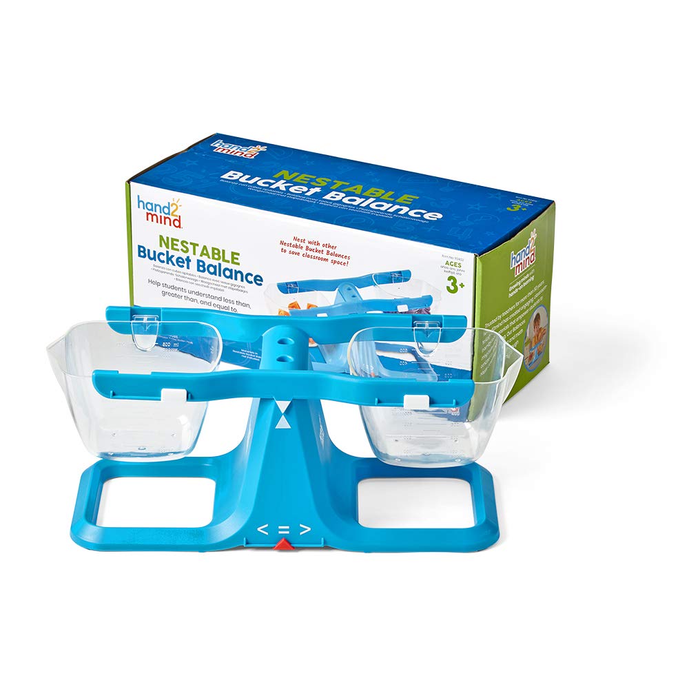 hand2mind Blue Nestable Bucket Balance, Clear Double Bucket Balance Scale for Liquids and Solids, Easy to Assemble Kids Scale, Space Saving Storage Base, Balance Scale for Classroom (Set of 1)