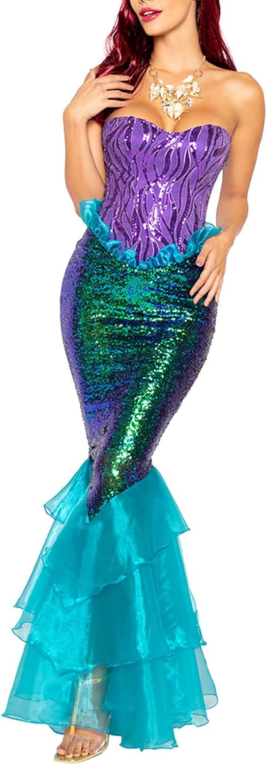 Womens Mermaid Costume Halloween Sea-maid Tail Dress Sequin Maxi Skirt Cosplay Halloween Party Dress Mermaid Outfit