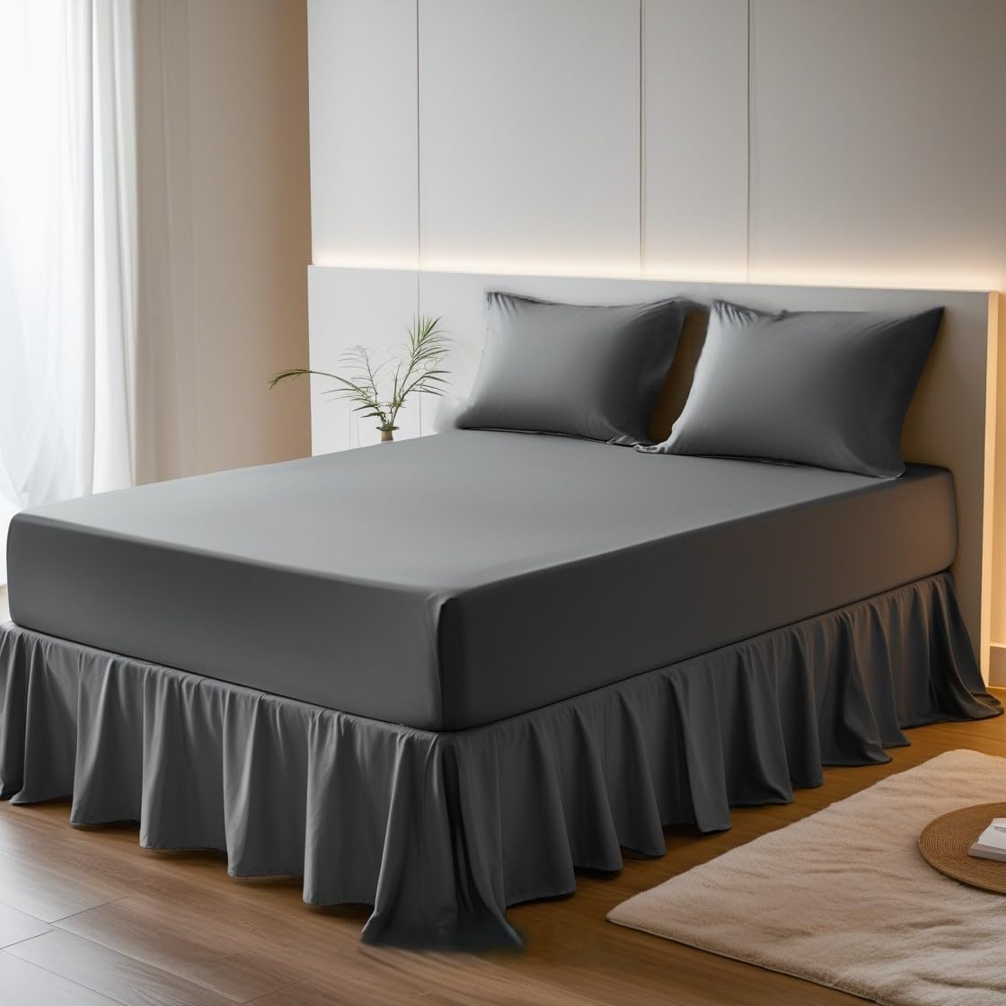 100% Egyptian Cotton Fitted Valance Sheet – 16"/40cm Extra Deep Pocket, Easy Care & Machine Washable, Luxury Frilled Bed Sheet – Single, Double, King Sizes (Charcoal, Double)
