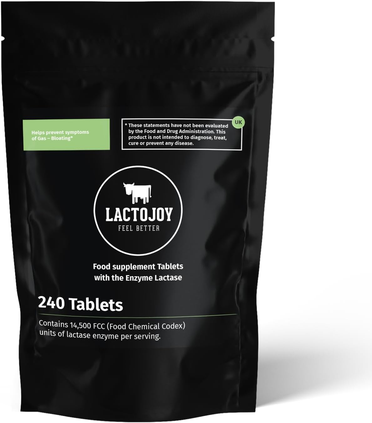 LactoJoy Lactase Tablets | Helps with Lactose Intolerance | 240 Pcs. Refill of Extra-Strength Dose (14,500 FCC) | 100% Vegan | Supports The Lactose Digestion | Chemical Free
