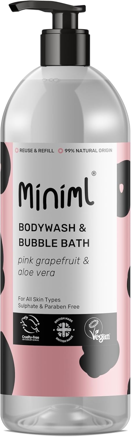 Miniml All Natural Body Wash and Bubble Bath - 1L Bottle Moisturising Pink Grapefruit and Aloe Vera Sensitive Skin Eco Shower Gel Bath Soak - Vegan Friendly High Foam