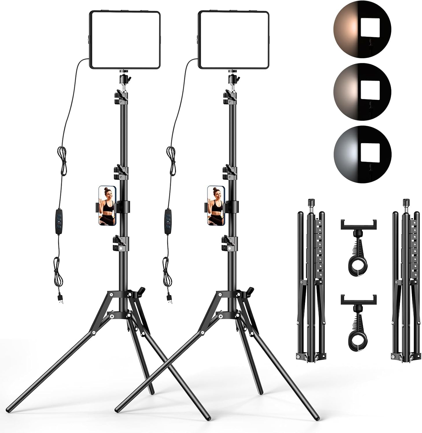 2 Packs Video Light Kit, LED Studio Light, 2700-6500K Dimmable Photography Lighting Kit with Tripod Stand&Phone Holder, 12" Rotating Streaming Light for Video Recording, Game Streaming, YouTube