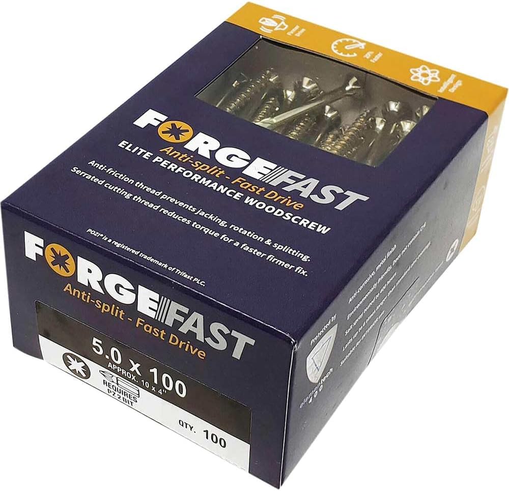 ForgeFast Elite Fast-Start Woodscrews | 5.0 x 100mm | Zinc Yellow | Box 100