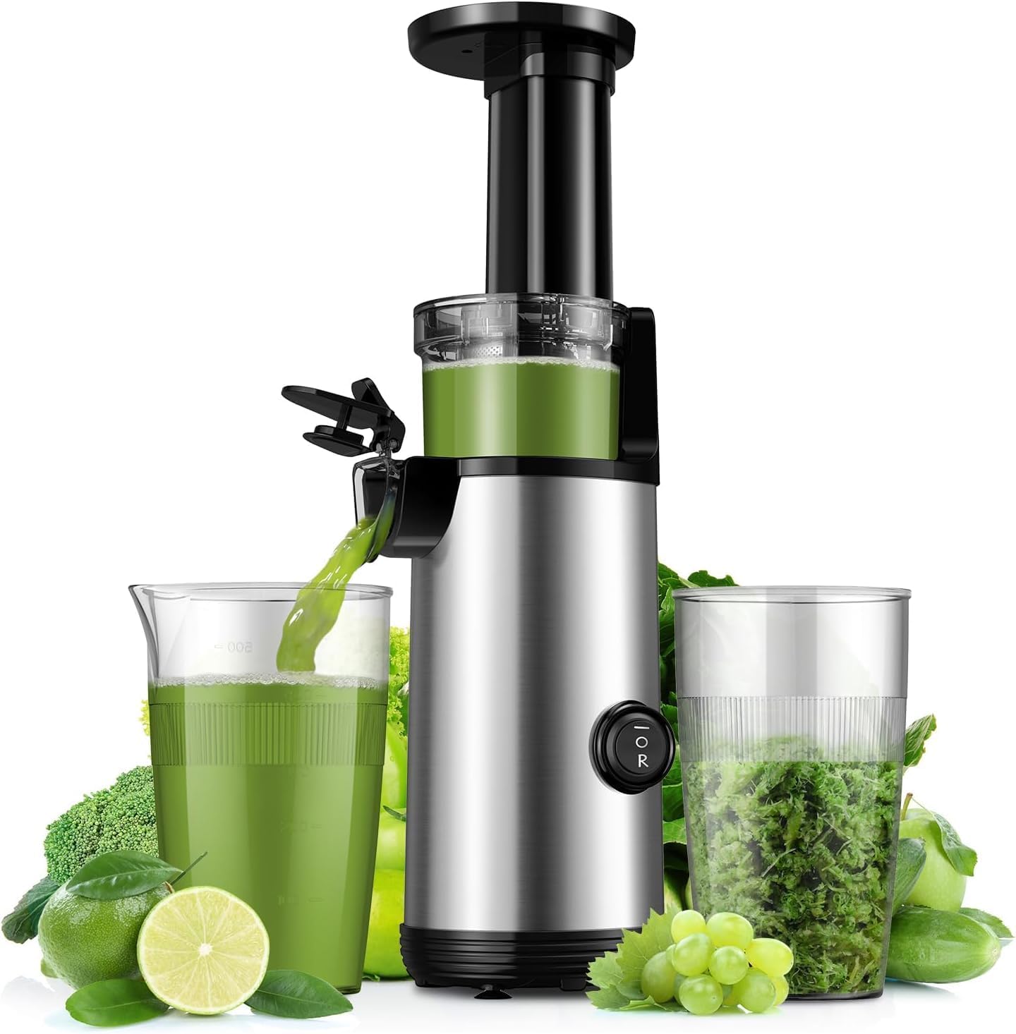 Compact Juicer Powerful Cold Press Juicer High Juice Yield Juicer Machines Easy to Clean Professional Slow Masticating Juicers for Fruits and Vegetables Reverse Function 600ml Cup Brush