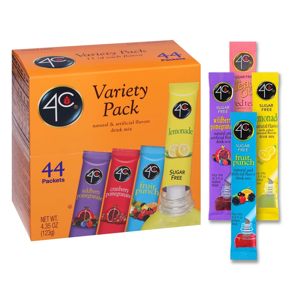 4C Powder Drink Mix Packets, PSD Variety 1 Pack, 44 Count, Singles Stix On the Go, Refreshing Sugar Free Water Flavorings (11 Each Wild Berry Pomegranate, Cranberry-Pomegranate, Fruit Punch, Lemonade)