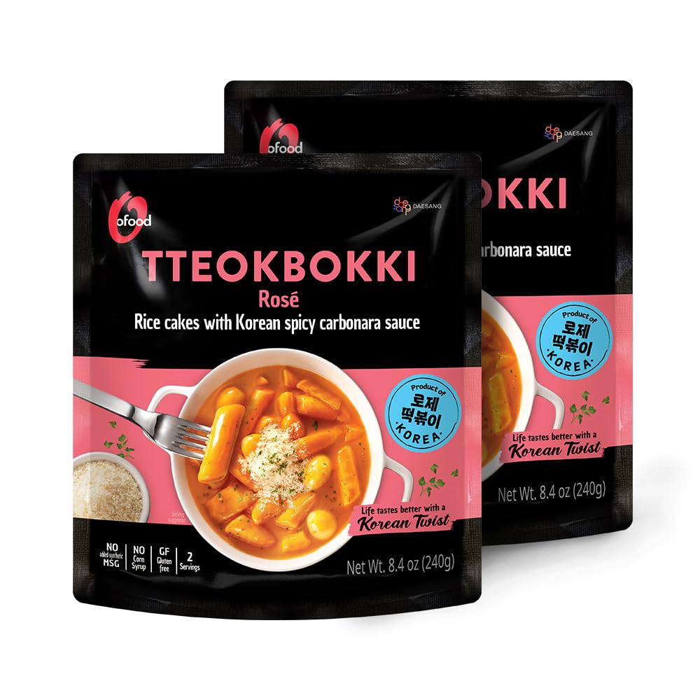 Chung Jung One O'Food Rose Spicy Carbonara Tteokbokki, Gluten-Free Korean Rice Cakes, Authentic Spicy Korean Street Food Snack, Perfect with Cheese and Ramen Noodles, Ready to Eat, No MSG, No Corn Syrup, Pack of 2
