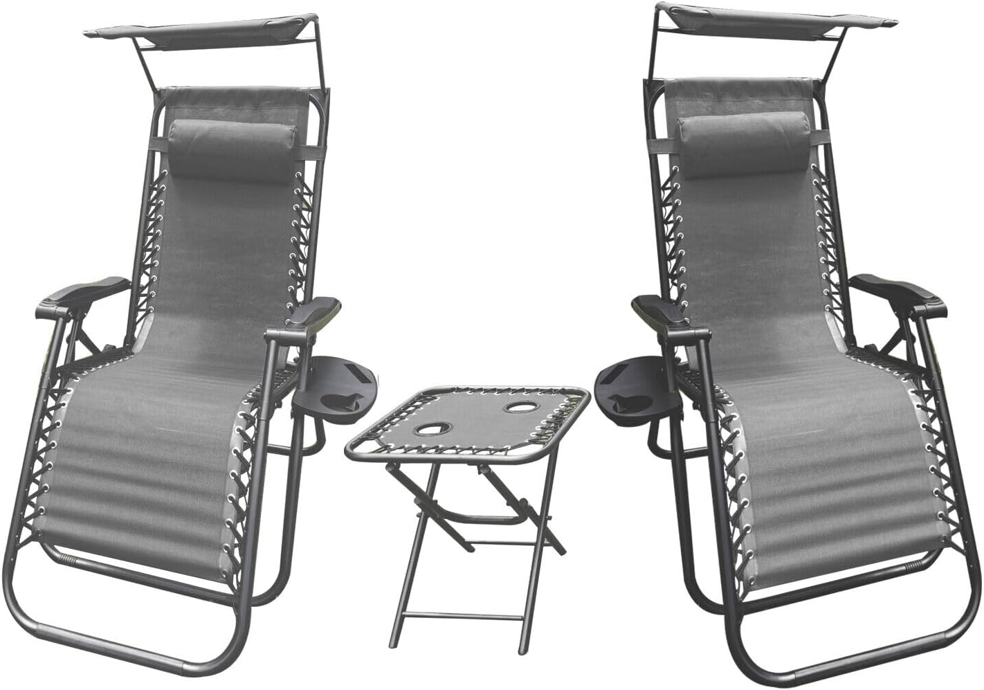2PC Zero Gravity Chair Sun Lounger with Canopy Patio set of 2 Folding Chairs, Outdoor Recliner with Side table Padded headrests, Ideal for Pool, Outdoor Beach and Garden (Grey)