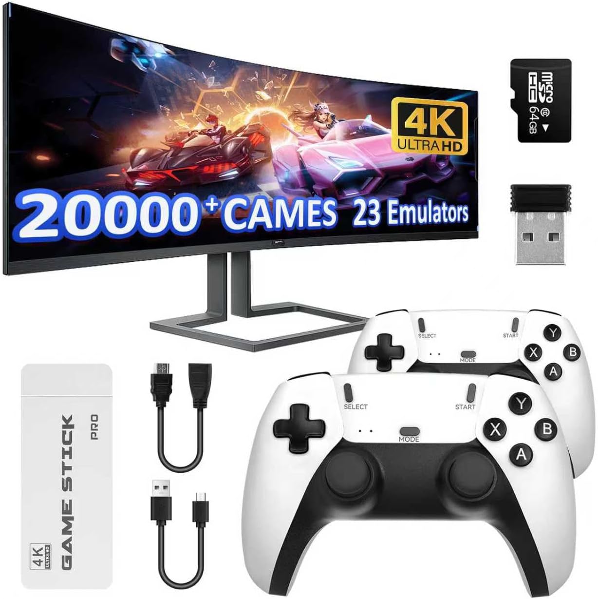Retro Games Console with 2 Wireless Controllers, 4K HDMI TV Games Stick, 20,000+ Pre-Loaded Classic Games, 23 Emulators, Plug and Play