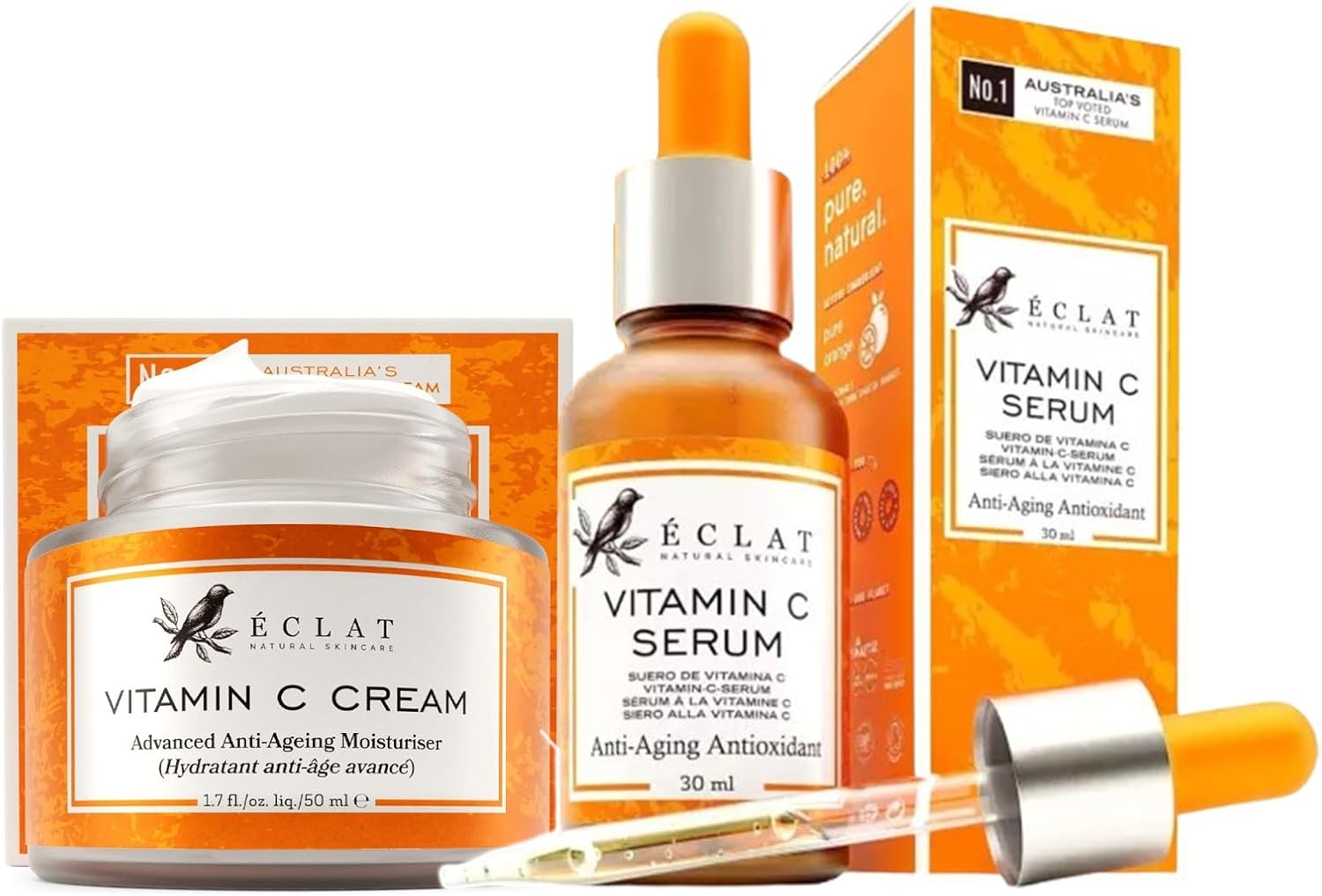 Eclat Vitamin C Serum 30ml + Vitamin C Cream 50ml Set, Anti-Aging, Antioxidant, Brightens Complexion, Hydrates Skin and Reduces Fine Lines, Boost Radiance Collagen