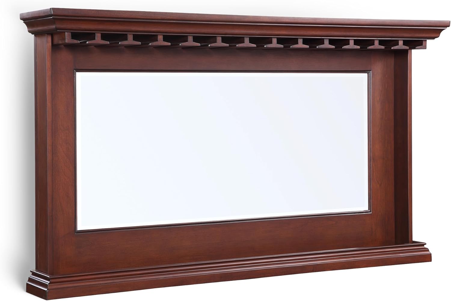 Hathaway Seville Back Bar Mirror - 62" x 35.5" Beveled Wall Mirror with Shelf & Built-In Stemware Holder, Solid Wood Frame in Walnut Finish – Elegant Wall-Mounted Design for Bars and Dining Rooms
