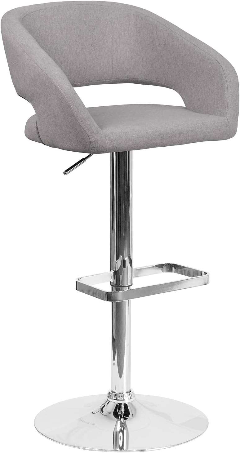 Flash Furniture Erik Contemporary Adjustable Height Barstool with Footrest and Rounded Mid-Back, Upholstered Bar or Counter Height Stool, Gray/Chrome