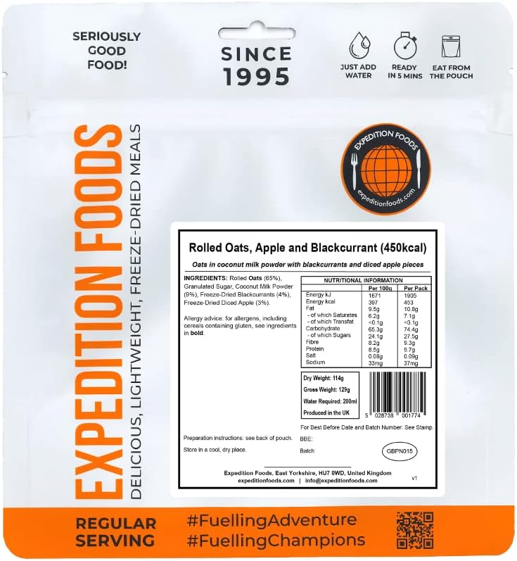 Rolled Oats, Apple and Blackcurrant | Freeze-Dried Camping & Hiking Food | Single Serving | 450kcal Meal