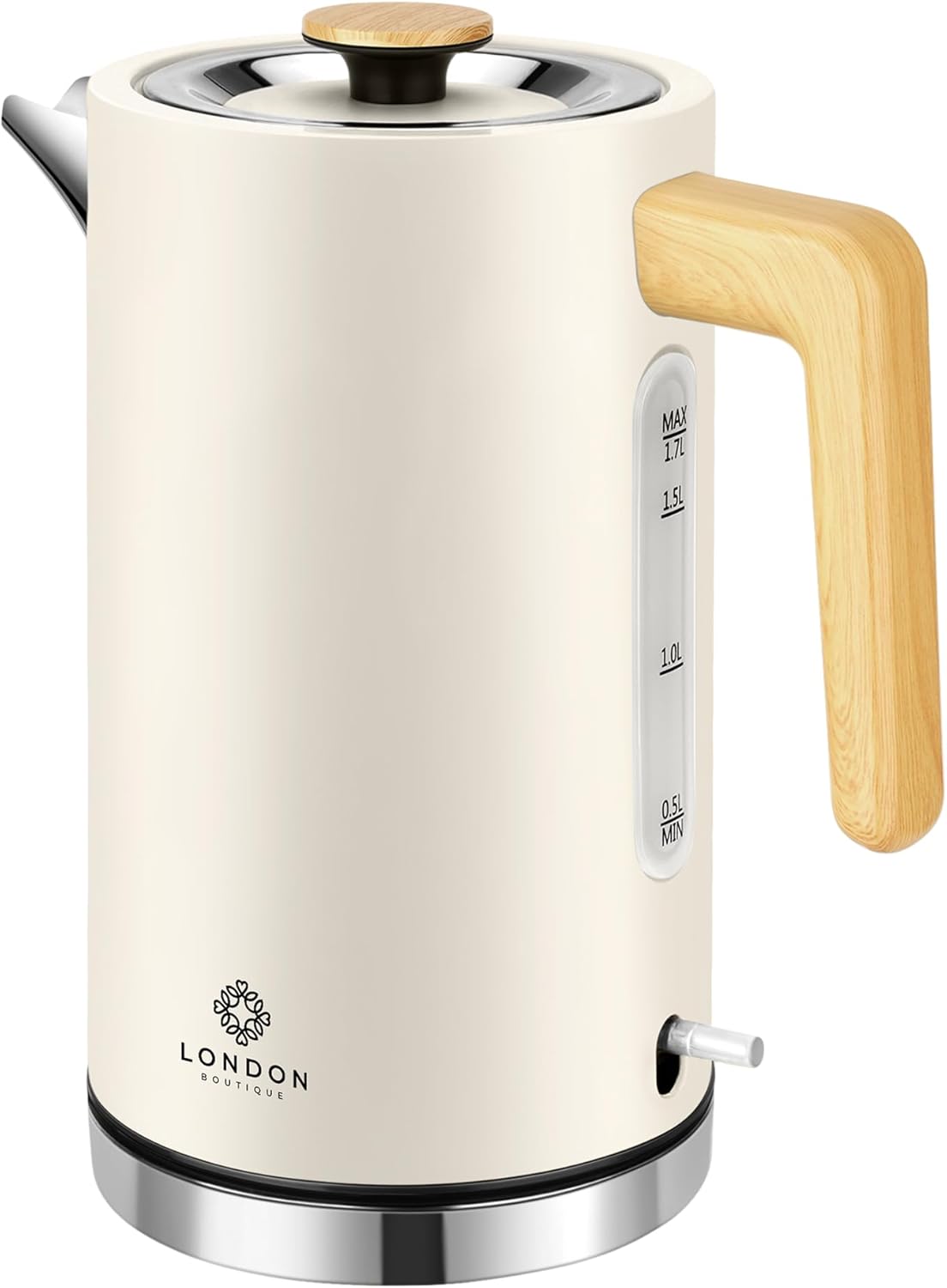 London Boutique Electric Kettle, Stainless Steel kettles Electric, Cordless Fast Boil Electric kettle with Wood Effect, Boil Dry Protection, Anti-Scale Filter, UK Strix Controller,3KW Cream