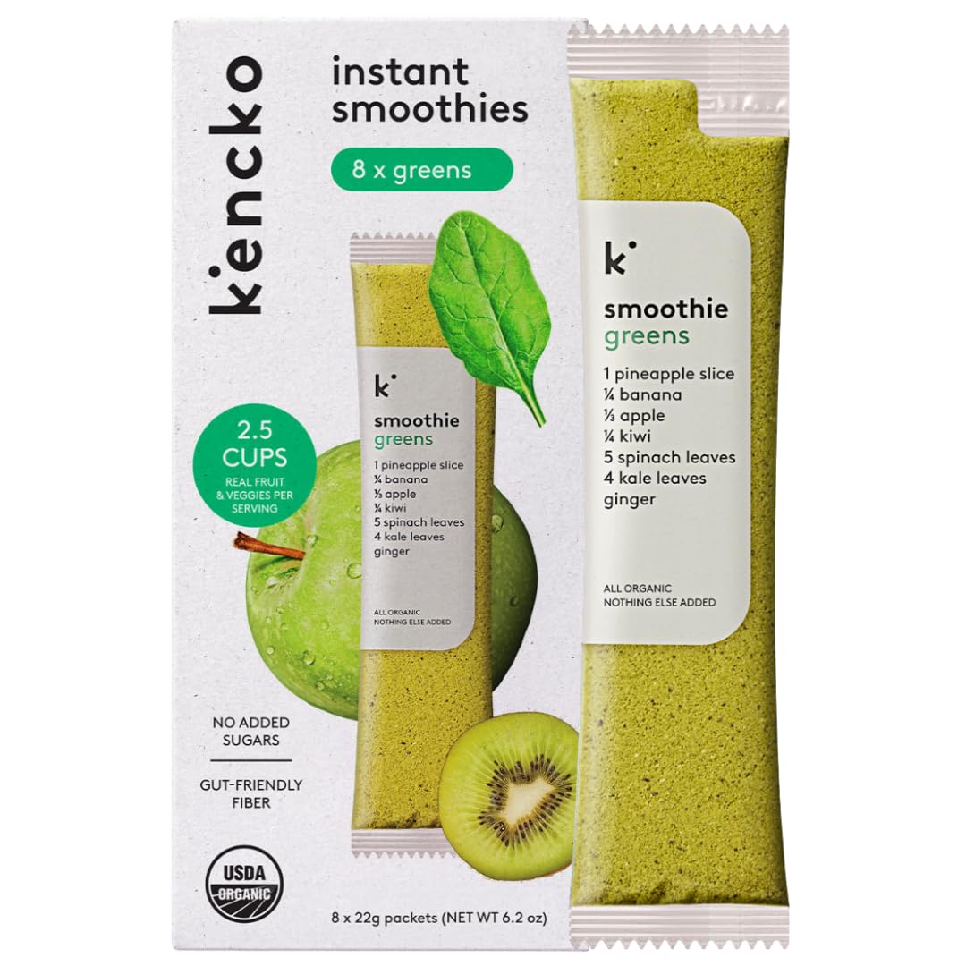 kencko Greens Smoothie Mix Packets - 8 Instant Breakfast Smoothies Made of Nature’s Original Superfoods - Pineapple, Apple, Kale, Spinach & More - Organic Fruit & Veggie Healthy Smoothies