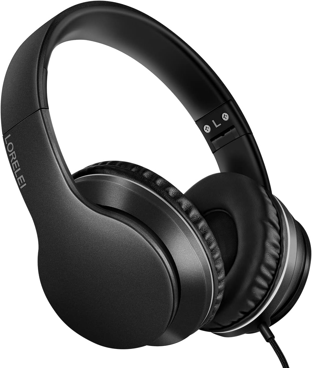LORELEI X6 Over-Ear Headphones With Microphone, Lightweight Foldable & Portable Stereo Bass With 1.45M No-Tangle, Wired for Smartphone Tablet MP3/4 (Space Black)