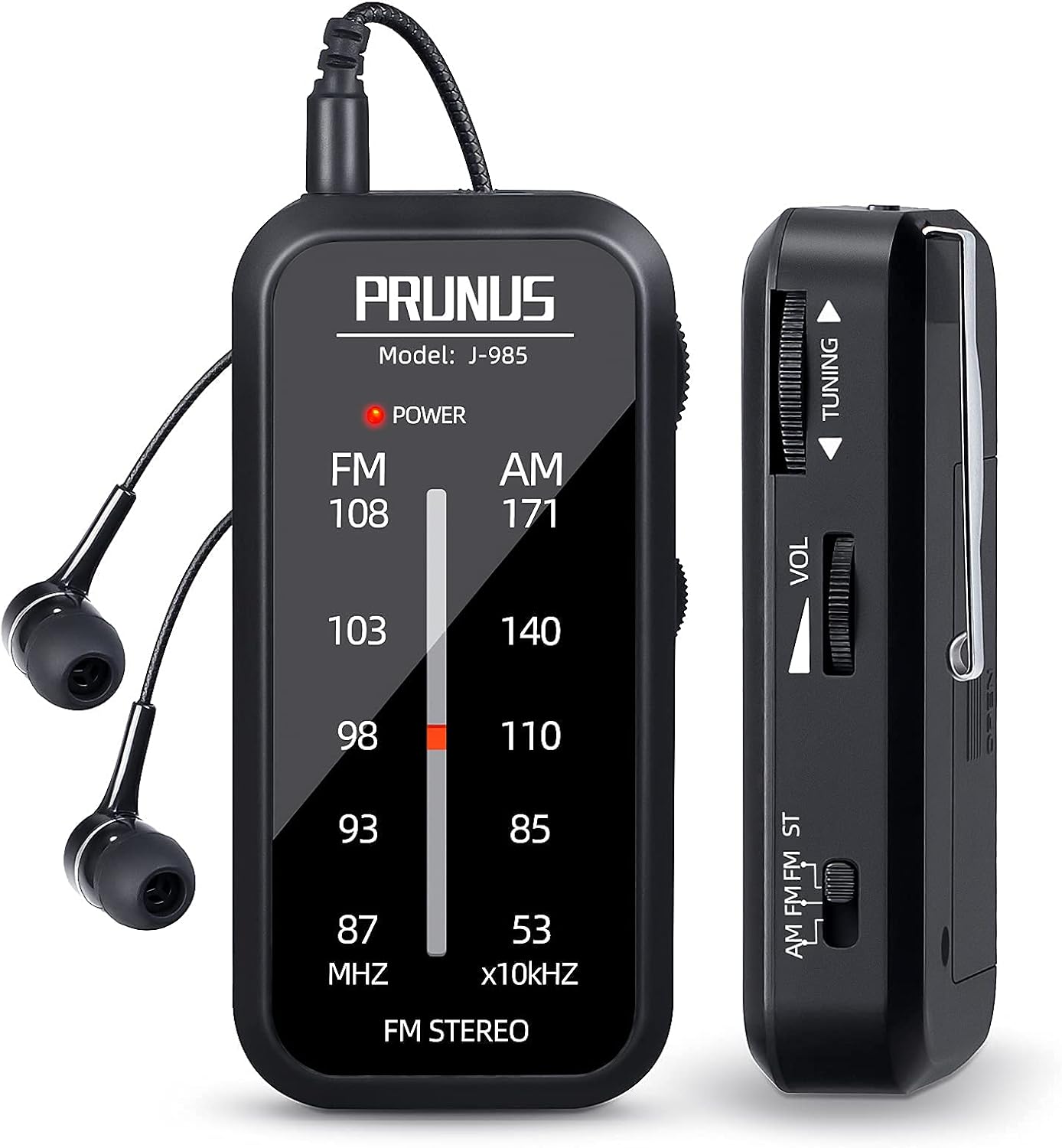 PRUNUS J-985 Pocket Radio Portable, AM FM Small Radios with Headphones and Back Clip, Mini Radios Transistor Supports FM Stereo, AAA Battery Operated Radio for Walking, Running, Fishing