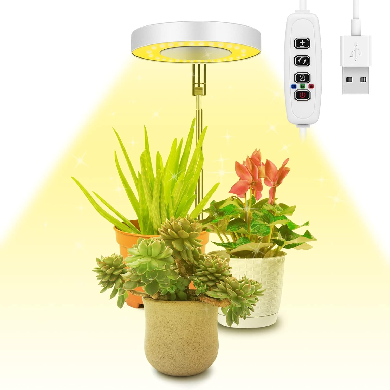 Ainiv Grow Light, 48 LEDs Full Spectrum Growing Lamp for Indoor Plants, 9 Adjustable Brightness 180° Rotatable Light Panel, Height Adjustable with Auto On/Off Timer 3/9/12H, for Small Plant-Warm White