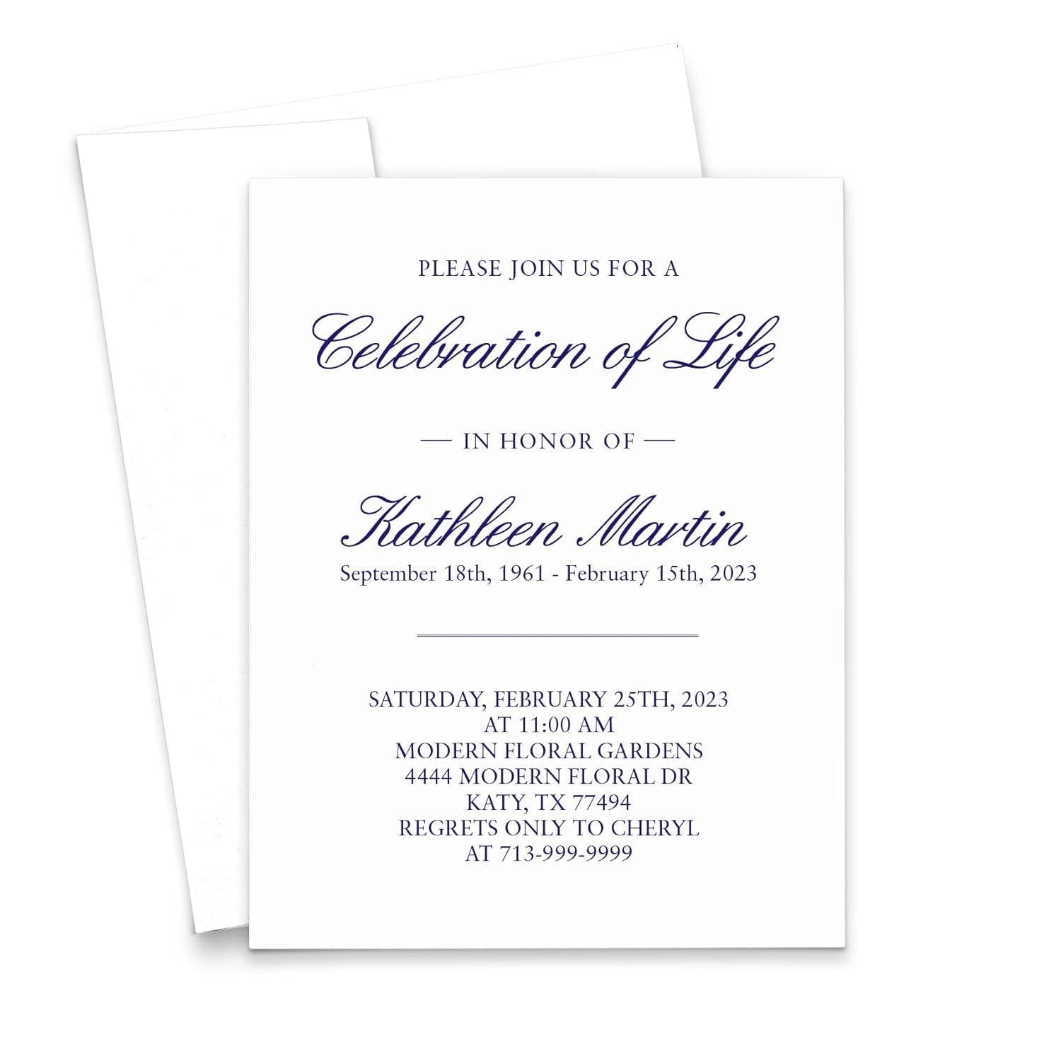 Custom Celebration of Life Invitation Cards Simple, FLAT Funeral Announcements For Memorial Service, Script Invitations With Envelopes, Funeral Invites, Your Choice of Quantity and Envelope Color