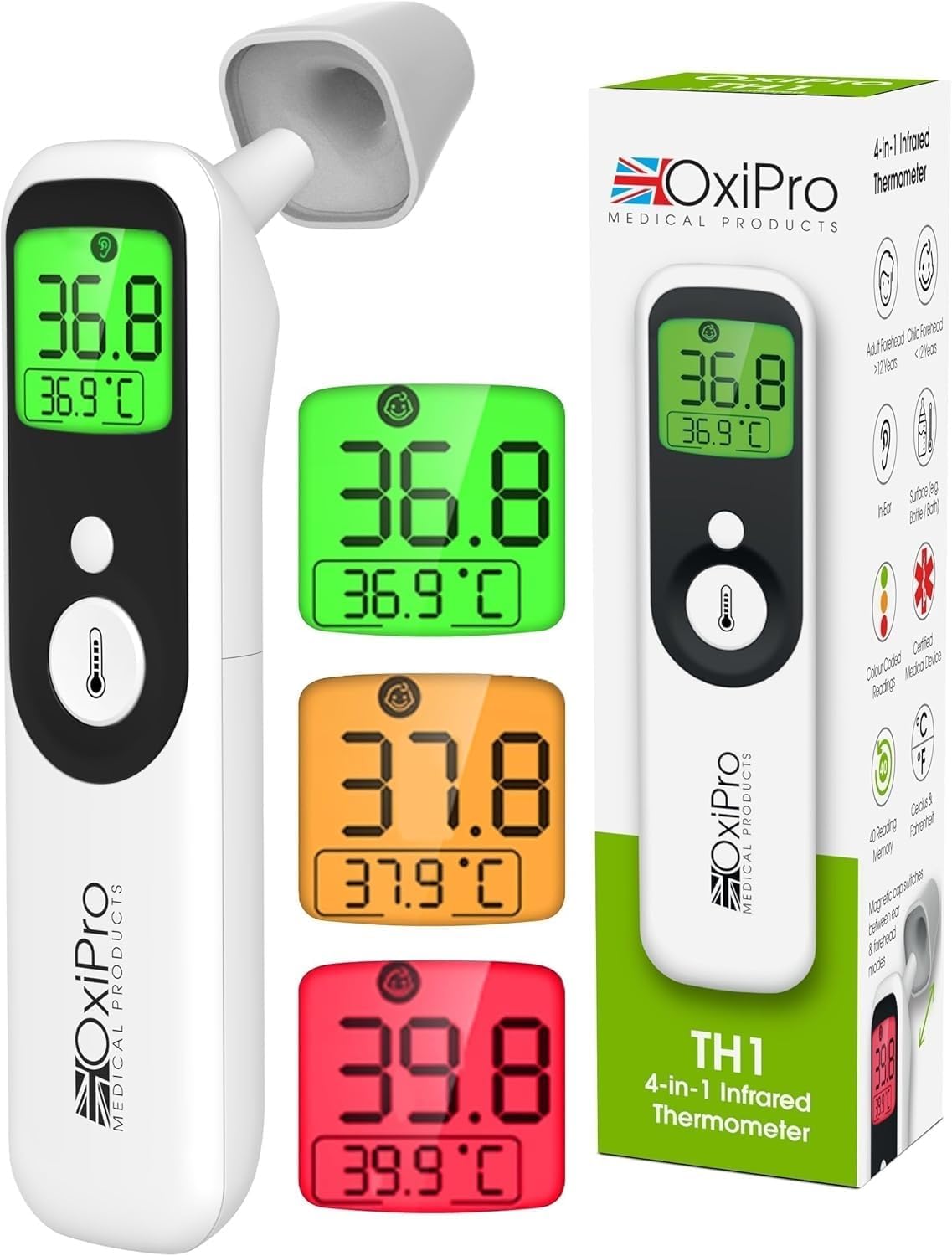 OxiPro TH1 Thermometer - Health & Pharma Award Winner 2025 - In-Ear, Forehead, Non-Touch & Baby Modes - Infrared Thermometer for Newborn, Baby, Kids, Children & Adult Temperature Measurement