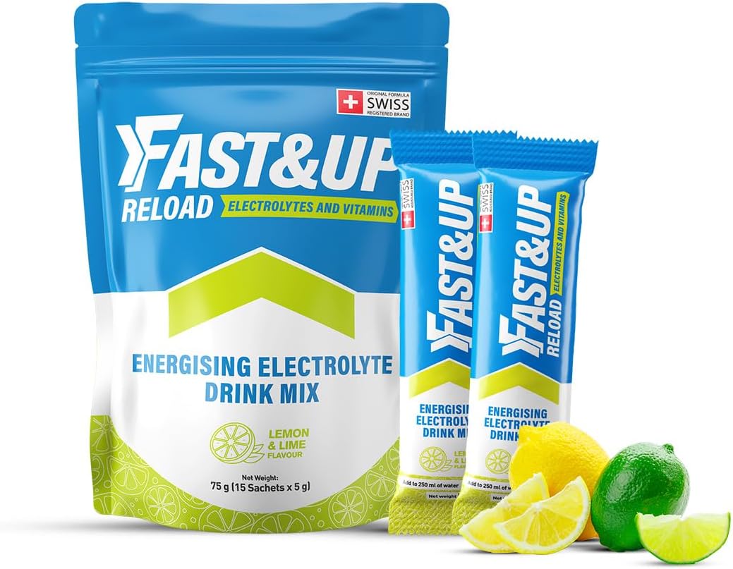 Fast&Up Reload Electrolyte Powder Drink Mix |15 sachets| 5 Electrolytes & Vitamins for Instant Hydration & Energy | (Lemon & Lime)
