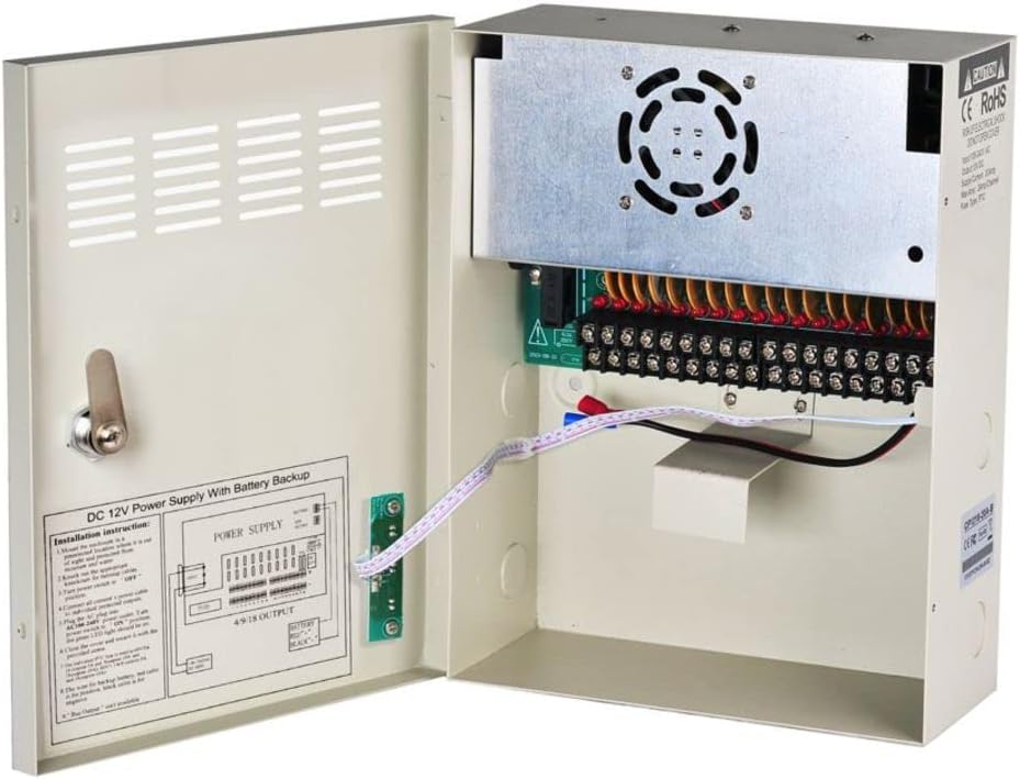 EVERSECU 18 Channel 12V 20Amp DC Metal Boxed Cabinet Regulated UPS Power Supply Unit with Backup Battery Link for Burglar Alarms CCTV Cameras PTZ Access Control (Battery Not Included)