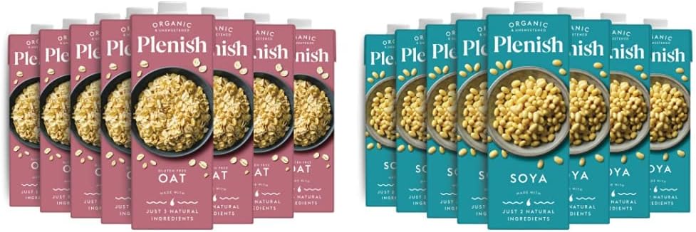 Plenish Organic Unsweetened Oat Milk (8 x 1 Litre) & Soya Milk Drink| 8 x 1 Litre | Vegan, Organic, Unsweetened