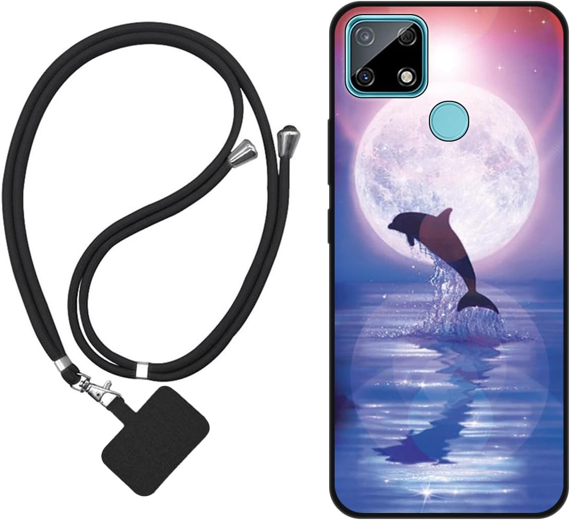 Sunrive Case compatible with Realme 7i, Ultra Slim matte Soft Premium TPU Silicone Back Rubber Bumper Protector Patterns Cover(Moon,Dolphins,Sea)+1 x Phone Lanyard