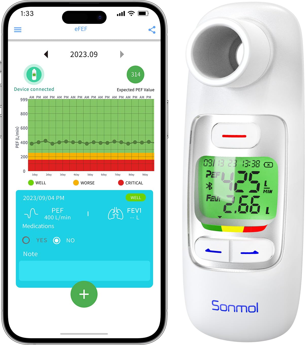 Upgrade Spirometer with Risk Indicator & 300 Records Storage, Portable Peak Flow Meter with Tracking App and Bluetooth Tests PEF & FEV1, Asthma COPD & Other Lung Conditions Monitor for Kids Adults